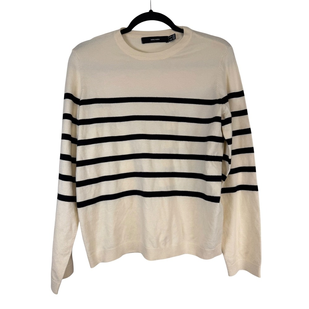 Vero Moda Women Cream Navy Blue Striped Crew Neck Pullover Sweater Medium
